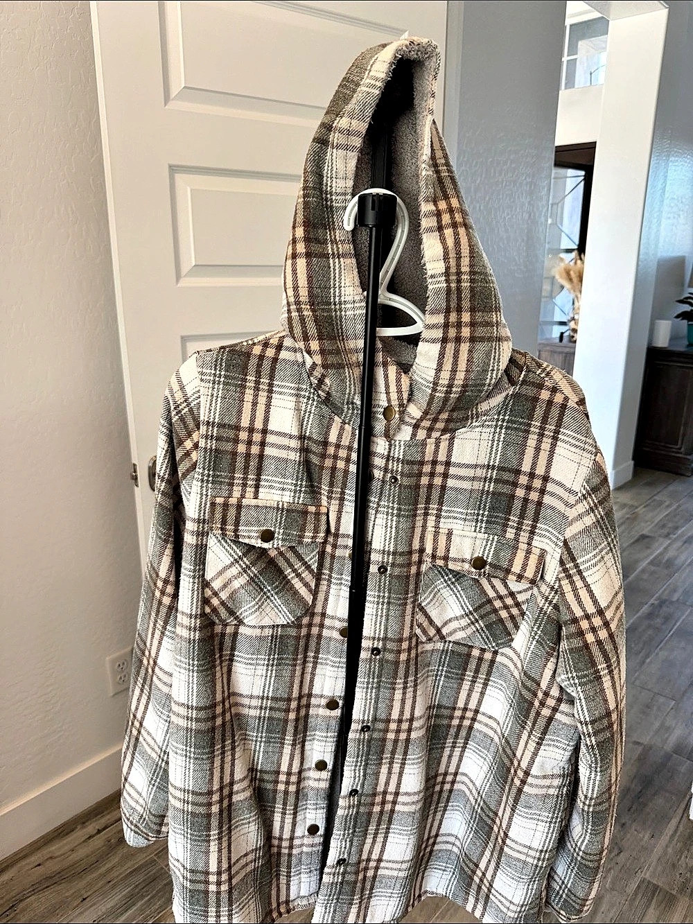 Plaid Hooded Jacket in Brown & Cream Like New